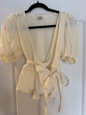 Sunday Best Ivory Wrap Peplum Blouse with Puff Sleeves